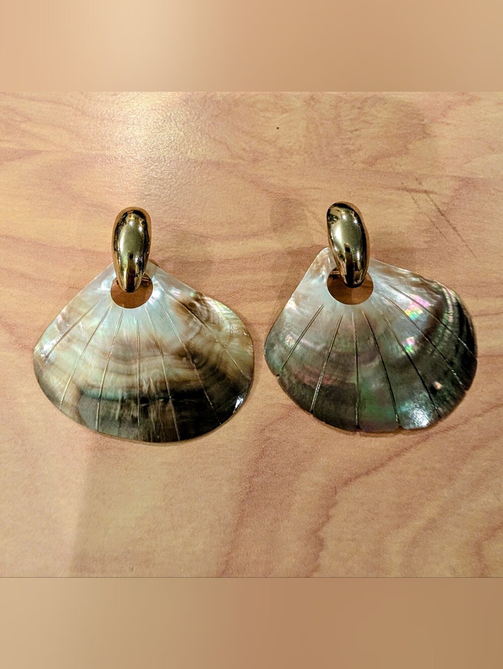 Mother Of Pearl Shell Fan Drop Earrings — Gold Top with Iridescent Shell
